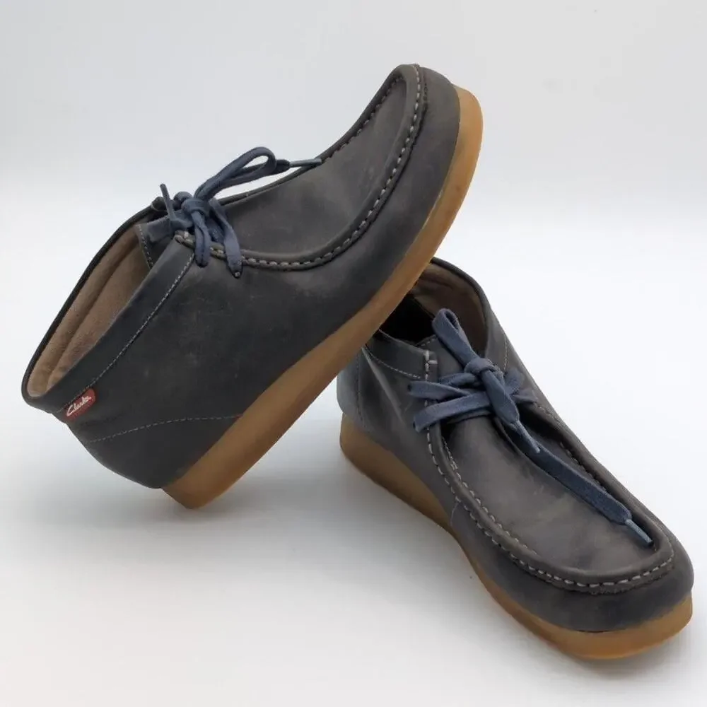 Clarks Shoes Mens Size 9 Wallabee Gray Leather Moccasin Lace Up Gum Sole Casual
